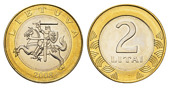 Литва 2 лита 2008 из годового набора KM 112 биметалл BU 4652-957