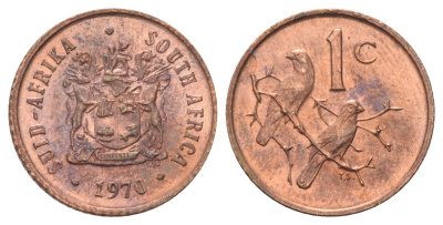 ЮАР 1 цент 1970 герб, капские воробьи KM 82 бронза UNC 4696-919