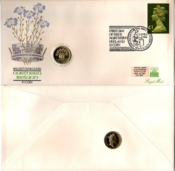 Великобритания 1 фунт 1986 Елизавета II (1952-2022), в конверте с маркой (КПД - Конверт первого дня Гашения) KM 946, Spink J4 никель латунь BU 9-1-01-41