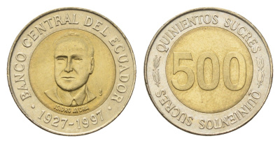 Эквадор 500 сукре 1997 70 лет Центробанку KM 102 биметалл UNC 4697-439