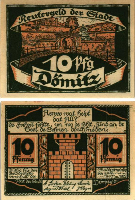 ДОМИЦ 10 ПФЕННИГОВ 1922 НОТГЕЛЬД, 1922 - 31 МАЯ 1922, ЗЕМЛЯ МЕКЛЕНБУРГ-ПЕРЕДНЯЯ ПОМЕРАНИЯ Grabowski 278.2 бумага 6318-48-1-1