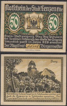 Ленцен на Эльбе 50 пфеннигов 1922 Grabowski 792.1-1/6 бумага UNC (пресс) 8601-7-1-2