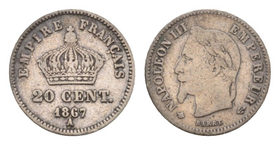 Франция 20 сантимов 1867 A, Наполеон III (1852-1870) KM 808.1 серебро 4169-737