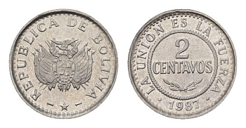 Боливия 2 сентаво 1987 год-тип KM 200 нержавеющая сталь UNC 112-1229