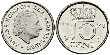 Нидерланды 10 центов 1978 Юлиана (1948-1980) КМ 182 никель 96-517