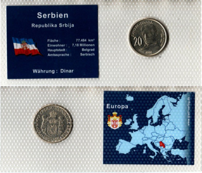 Сербия 20 динаров 2006 150 лет со дня рождения Николы Теслы, в красочной упаковке с информацией о стране KM 42 медь цинк никель UNC 5-4-1-41