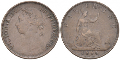 Великобритания 1 фартинг 1886 Виктория (1837-1901) KM 753, Spink 3958 бронза 187-135