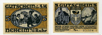 НЕХАЙМ-НА -РУРЕ 5 МАРОК 1921 НОТГЕЛЬД бумага 51-3213