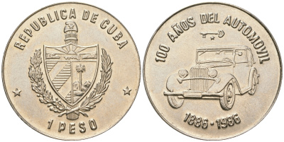 Куба 1 песо 1986 100 лет автомобилю Бенца KM 134 медно-никель  UNC  4403-812