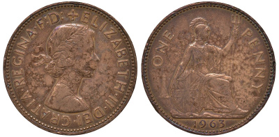 Великобритания 1 пенни 1963 Елизавета II (1952-2022) KM 897, Spink 4157 бронза 4131-511