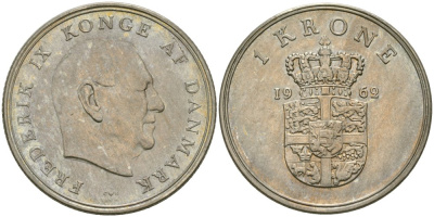 Дания 1 крона 1962 Фредерик IX (1947-1972) KM 851.1 медно-никель 4579-314
