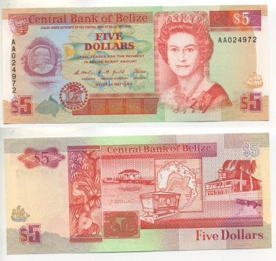 Белиз 5 долларов 1990 серия АА, Елизавета II Pick 53a бумага UNC (пресс) 7457-18-2