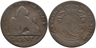 БЕЛЬГИЯ 2 САНТИМА 1858 BELGES KM 4.2 медь 95-644