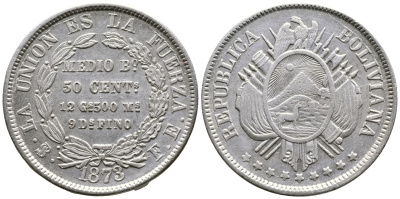 Боливия 50 сентаво 1873 FE KM 161.1 серебро 00-00