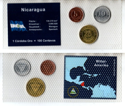 Никарагуа набор из 3 монет (5, 10 и 25 сентаво) 2002 и 2007 в красочной упаковке с информацией о стране KM 97, 104 и 105 UNC 5-4-1-75
