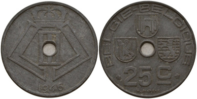 Бельгия 25 сантимов 1946 Belgie - Belgique, Леопольд III (1934-1947), германская оккупация, Вторая мировая война KM 132 цинк 4157-713