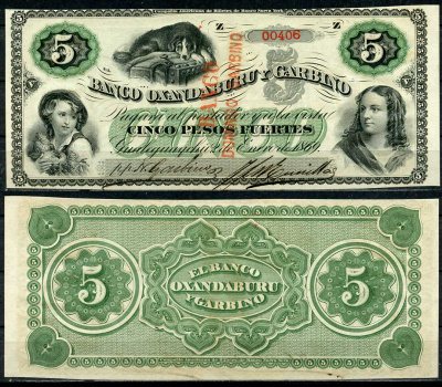 Аргентина 5 песо ND (1869) девочки, собака, надпечатка "Banco Domingo Garbino" на S1792, № 00406 Pick S1803  бумага  aUNC 00-00