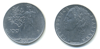 ИТАЛИЯ 100 ЛИР 1957 R, АФИНА KM 96.1 нержавеющая сталь 3999-324
