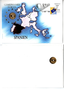 Испания 25 песет 1991 XXV летние Олимпийские Игры, Барселона 1992, Король Хуан Карлос I, в конверте с маркой (КПД - Конверт первого дня Гашения) KM 851 алюминиевая бронза UNC 9001-63