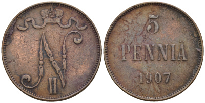 Россия для Финляндии 5 пенни 1907 Николай II (1894-1917) KM 15, Биткин 448 медь 259-1137