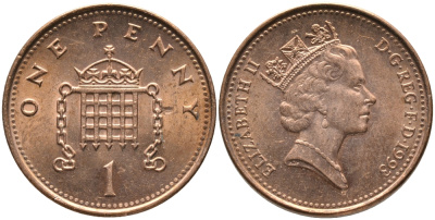 Великобритания 1 пенни 1993 Елизавета II (1952-2022) KM 935a, Spink B4 плакированная медью 99-1059