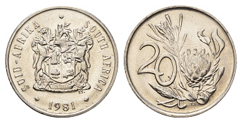 ЮАР 20 центов 1981 герб, цветок протея KM 86 никель UNC 4693-736
