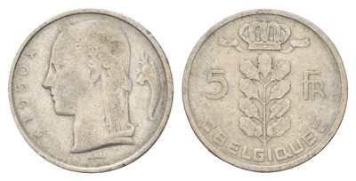 Бельгия 5 франков 1950 Belgique, Бодуэн I (1951-1993) KM 134 медно-никель 4704-1051