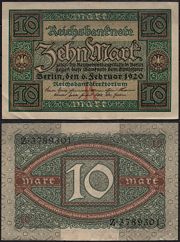 Германия 10 марок 1920 Pick 67a бумага 8602-24-3-2