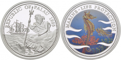Палау 5 долларов 1995 морской конек, цветная эмаль KM 12 серебро PROOF 04-302-22