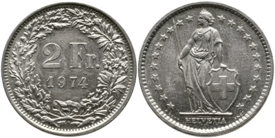 ШВЕЙЦАРИЯ 2 ФРАНКА 1974 KM 21а.1 медно-никель 4538-153