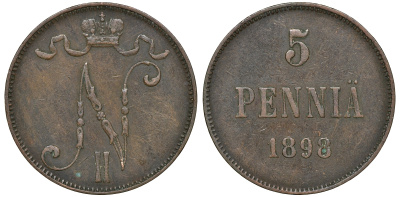 Россия для Финляндии 5 пенни 1898 Николай II (1894-1917) KM 15, Биткин 443 медь 51-545