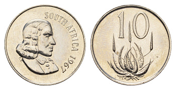 ЮАР 10 центов 1967 Ян ван Рибек (1619-1677), South Africa, легенда на африкаанс, цветок алоэ KM 68.1 никель PROOF 1525-713