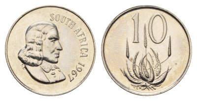 ЮАР 10 центов 1967 Ян ван Рибек (1619-1677), South Africa, легенда на африкаанс, цветок алоэ KM 68.1 никель PROOF 1525-713