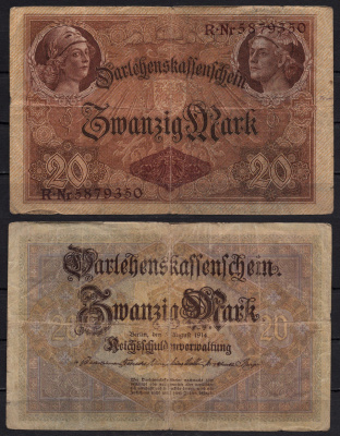 Германия 20 марок 1914 Минерва и Меркурий, герб Pick 48b бумага 8592-53-1-2