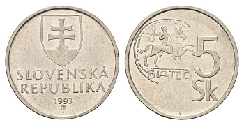 Словакия 5 крон 1993 KM 14 сталь плакированная никелем 4703-652