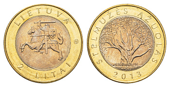 Литва 2 лита 2013 Создано человеком и природой - Стелмужский дуб KM 190 биметалл UNC 4699-125