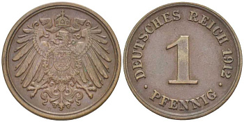 ГЕРМАНИЯ 1 ПФЕННИГ 1912 D KM 10, J. 10, Weege 2 медь 211-453