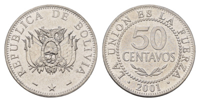 Боливия 50 сентаво 2001 KM 204 нержавеющая сталь UNC 181-226