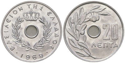 Греция 20 лепт 1969 Константин II (1964-1974), оливковая ветвь KM 79 алюминий UNC 106-732