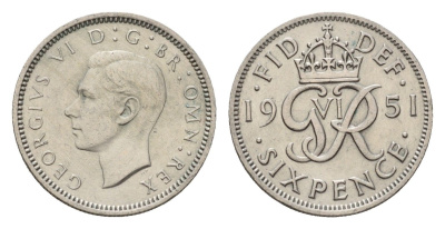 Великобритания 6 пенсов 1951 Георг VI (1936-1952) KM 875, Spink 4110 медно-никель 4651-1057