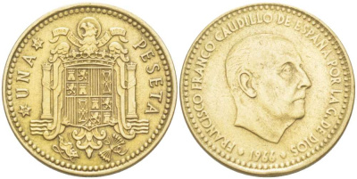 ИСПАНИЯ 1 ПЕСЕТА 1966 (67) ФРАНСИСКО ФРАНКО ДИКТАТОР ИСПАНИИ (1939- 1975) KM 796 алюминиевая бронза 4519-916