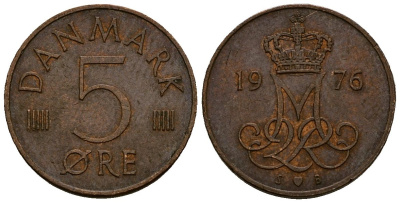 Дания 5 эре 1976 S; B, Маргрете II (1972- ) KM 859.1 железо плакированное медью 4173-718