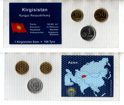 Киргизия набор из 3 монет (10 и 50 тыйын; 1 сом) 2008 в красочной упаковке с информацией о стране KM 12, 13 и 14 UNC 5-4-1-78