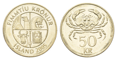 Исландия 50 крон 2005 краб KM 31 никель латунь aUNC 4695-544