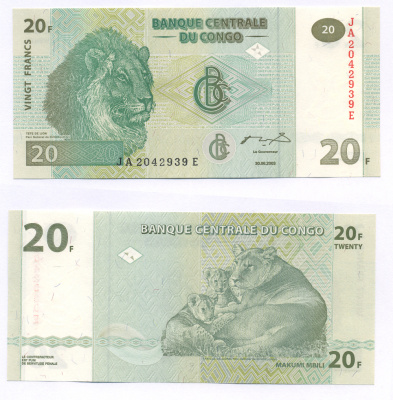 ДР Конго 20 франков 2003 львы Pick 94 a бумага UNC (пресс) 7221-73-3