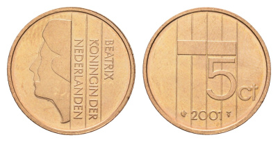 Нидерланды 5 центов 2001 Беатрикс (1980-2013), редкий год KM 202 бронза UNC 4682-1124