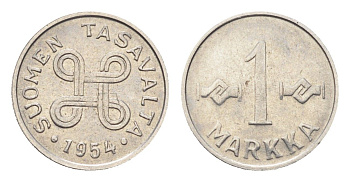 Финляндия 1 марка 1954 KM 36a сталь плакированная железом 4705-713