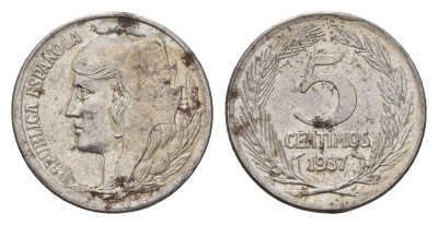 Испания 5 сентимо 1937 Вторая Республика KM 752 железо 4682-834