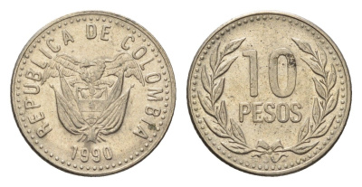 Колумбия 10 песо 1990 KM 281 медь цинк никель 4696-1224