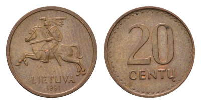 Литва 20 центов (сентов) 1991 KM 89 бронза 4694-1237